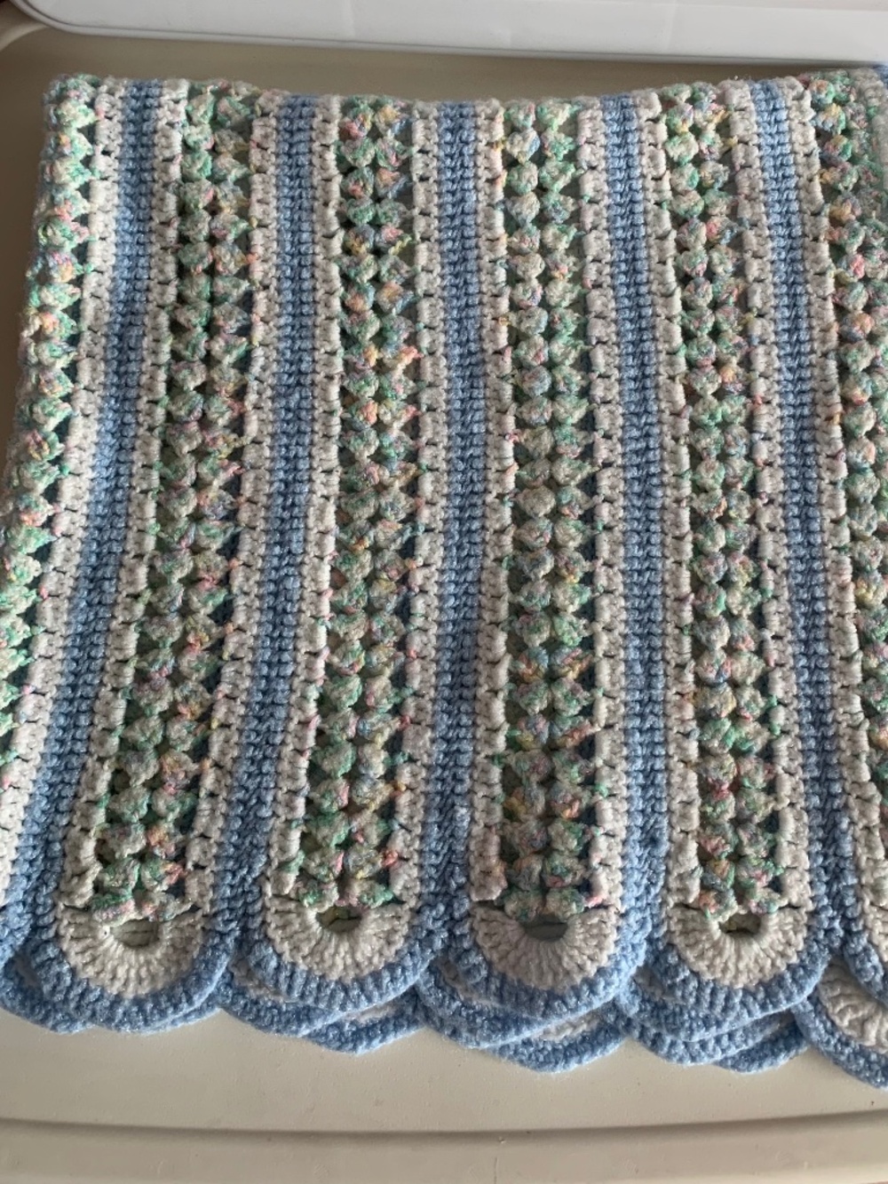 Baby Afghan blue and white scalloped with multi color yarn stripes blanket